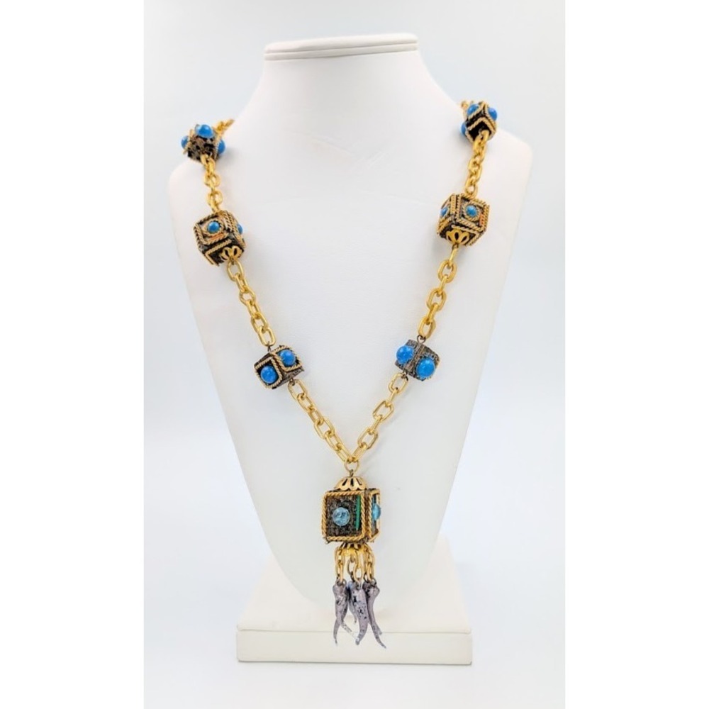Egyptian Revival Long Statement Necklace Blue Scarab Gold Tone Chunky Modern‎